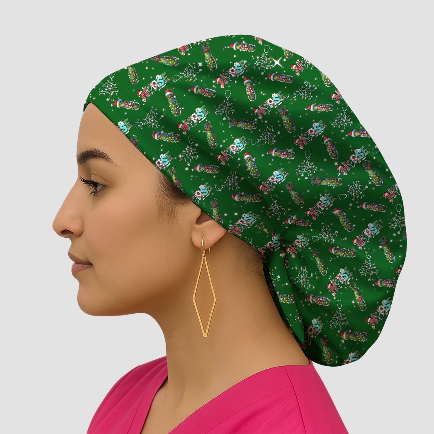 Christmas Nurse Scrub Cap with Buttons - Funny Pickle Holiday Surgical Hat for Women - Medical Bouffant Cap Long Hair