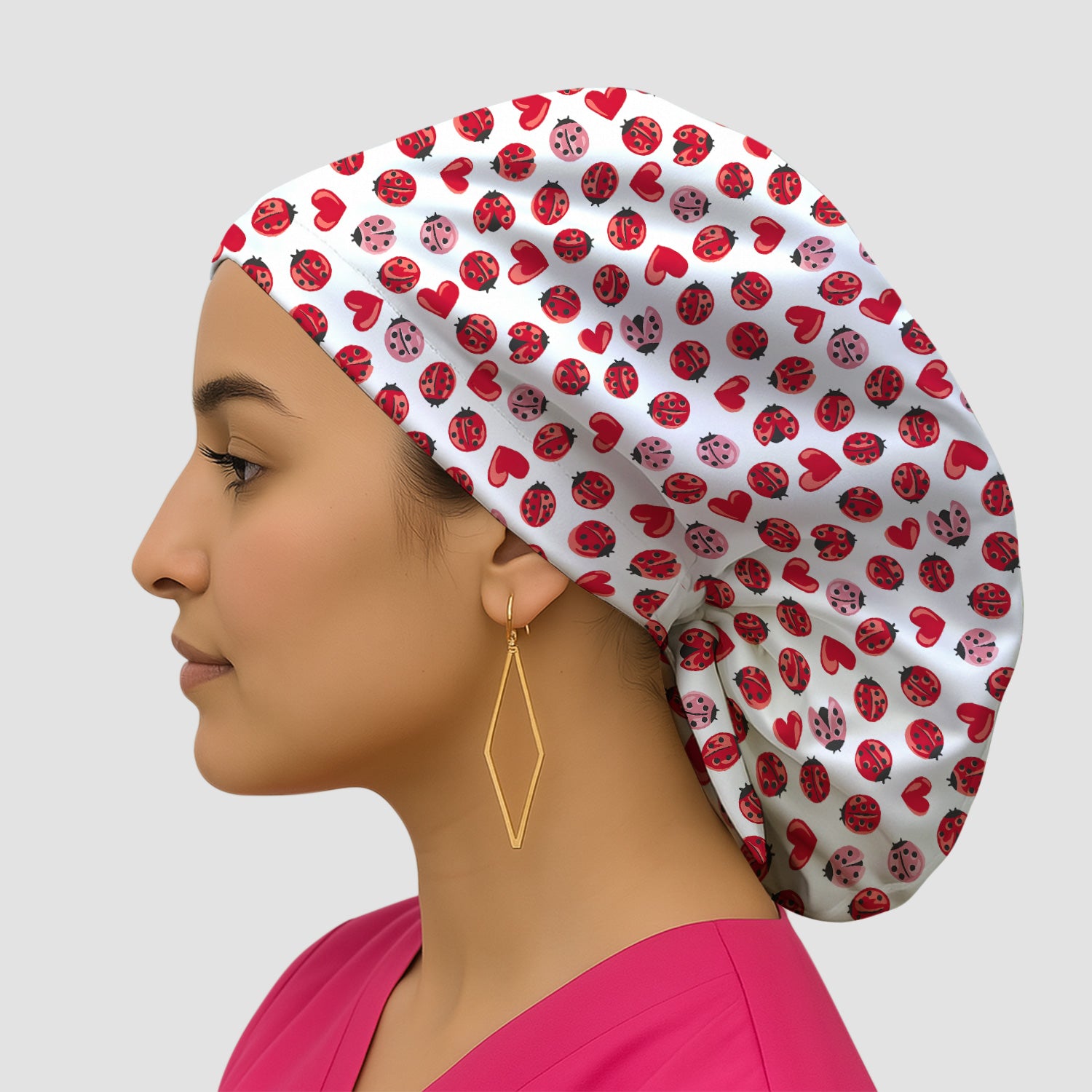 Cute Ladybug and Red Heart All Over Print Cap, Bouffant Scrub Caps for Women