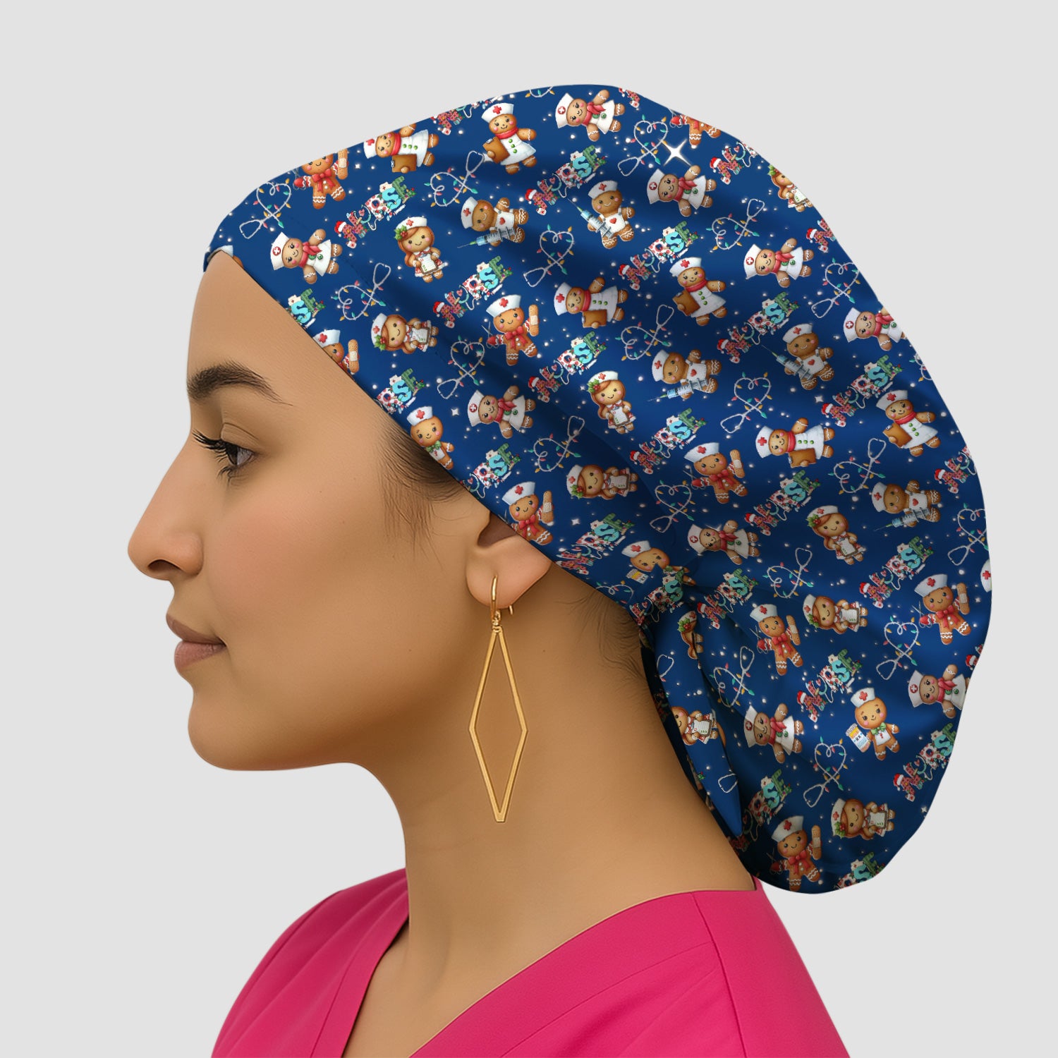 Nurse Scrub Cap with Buttons for Women - Christmas Surgical Hats Cute Gingerbread Design - Medical Bouffant Cap Long Hair