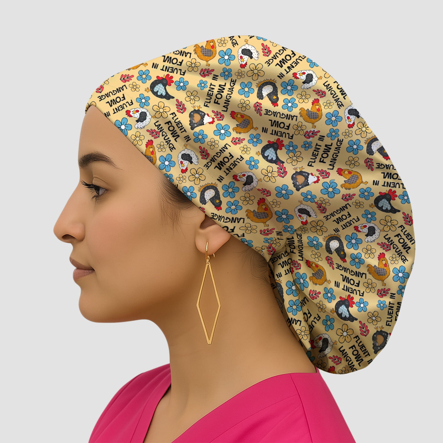 Funny Chicken Fluent in Fowl Language Pattern Cap, Bouffant Scrub Caps for Women