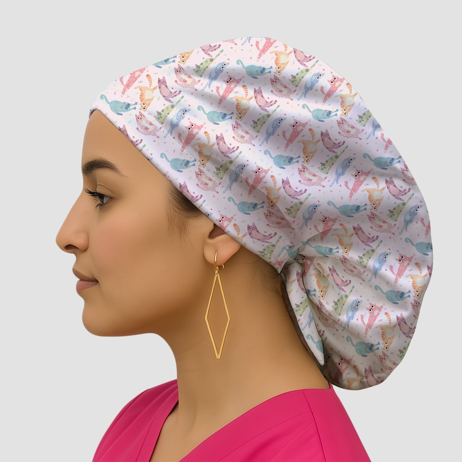 Funny Pastel Cat Pattern Medical Scrub Cap, Breathable Fabrics Nursing Uniform