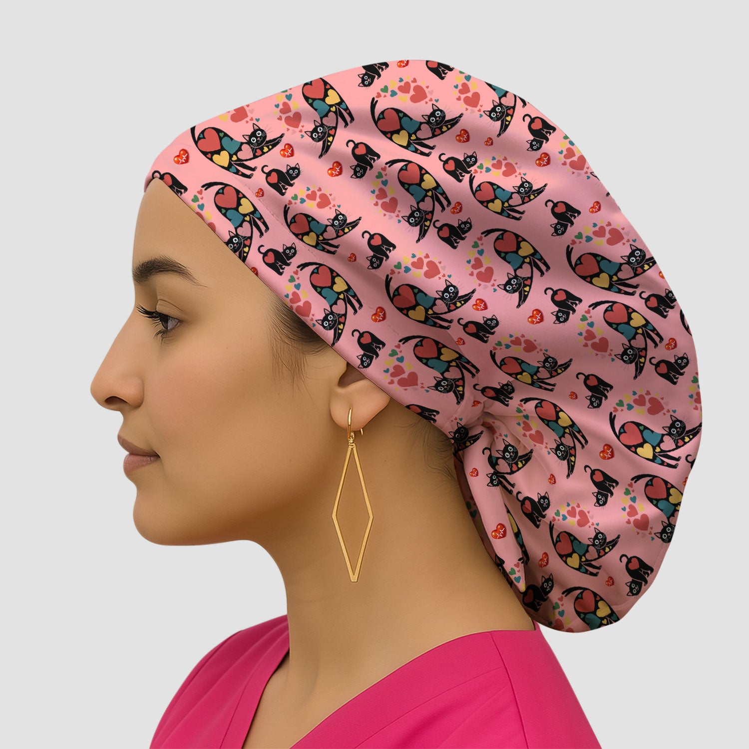 Playful Cat Valentine Heart Print Nurse Scrub Cap, Bouffant Scrub Caps for Women