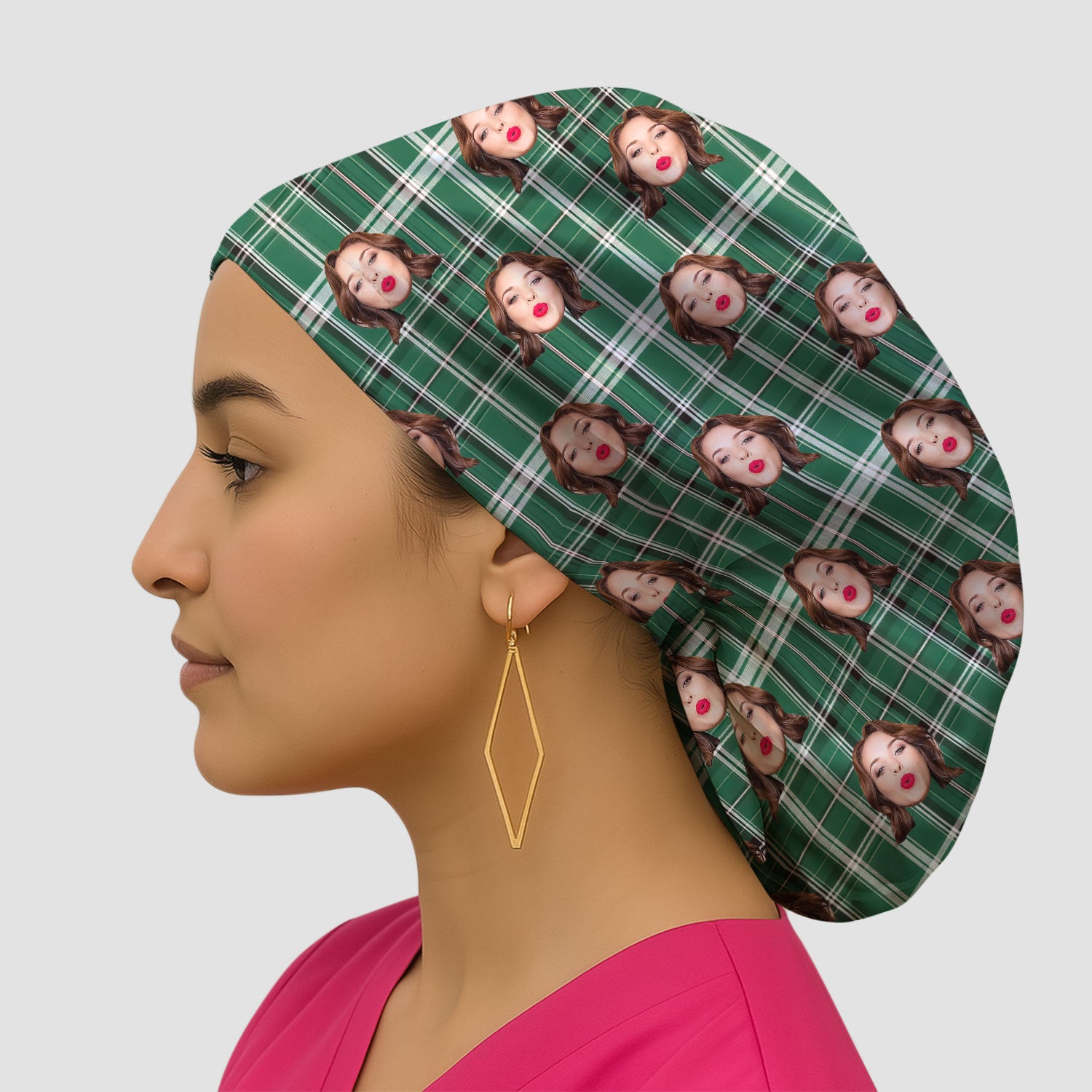 Personalized Funny Face Plaid Scrub Cap, Custom Photo Pattern Surgical Cap For Doctors, Breathable Fabrics Caps Uniform