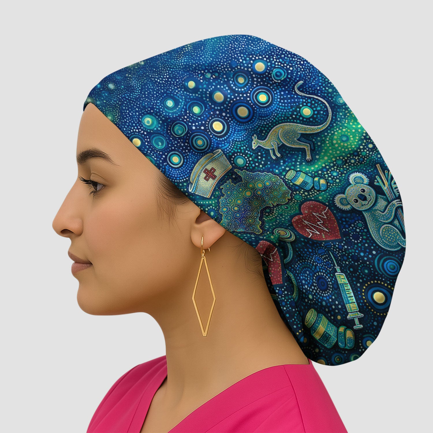 Aboriginal Nurse Australia Scrub Cap, Kangaroo Koala Dot Art Medical Pattern Hat, Breathable Fabrics Nursing Uniform