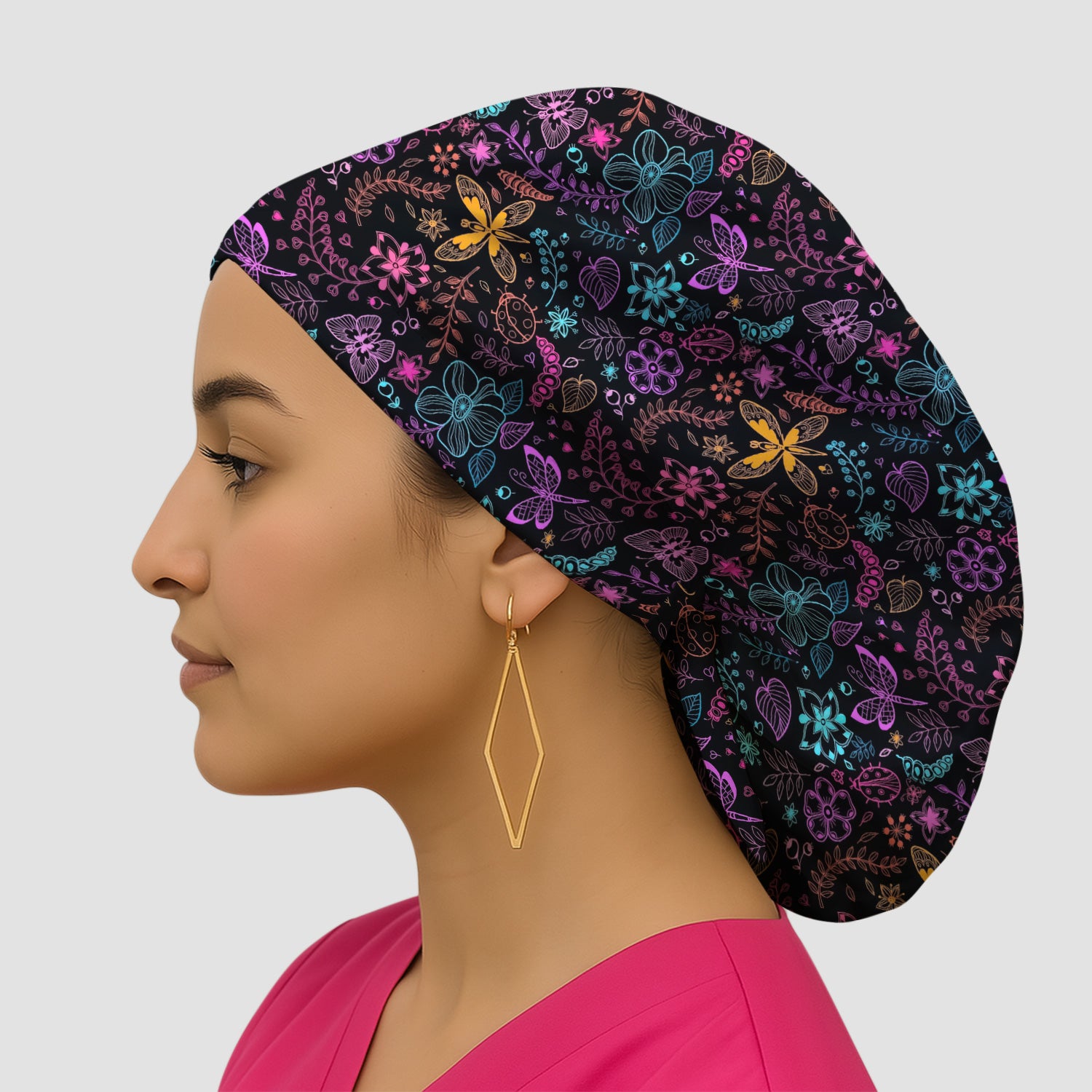 Neon Butterfly and Floral Garden Pattern Scrub Cap, Surgical Caps for Doctors