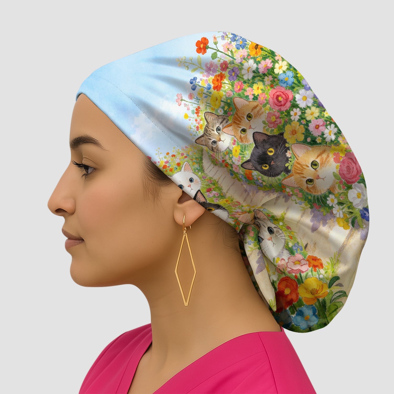 Cute Garden Cats Flower Path Pattern Scrub Cap, Surgical Caps for Doctors