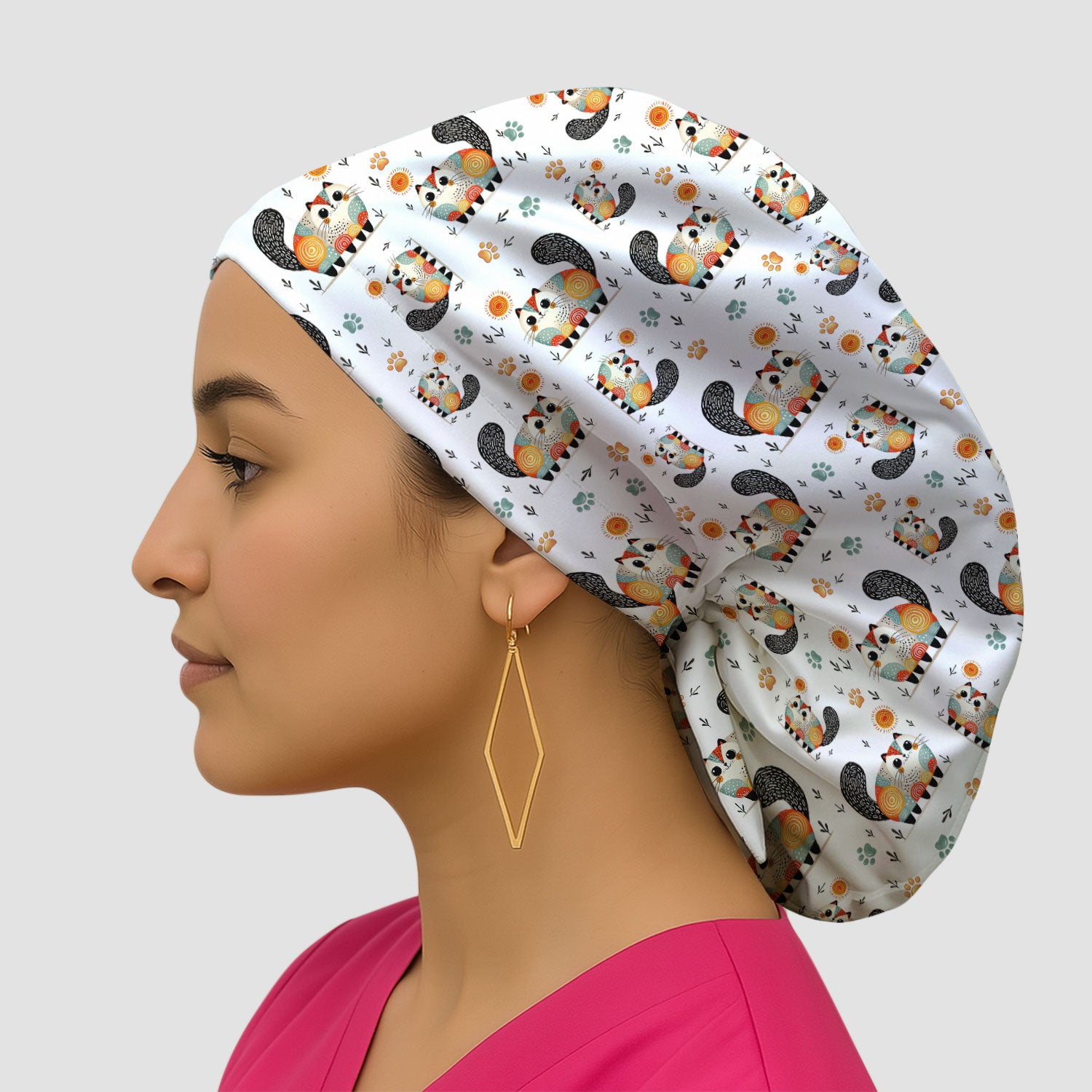 Playful Cat Illustration Scrub Cap, Bouffant Scrub Caps for Women