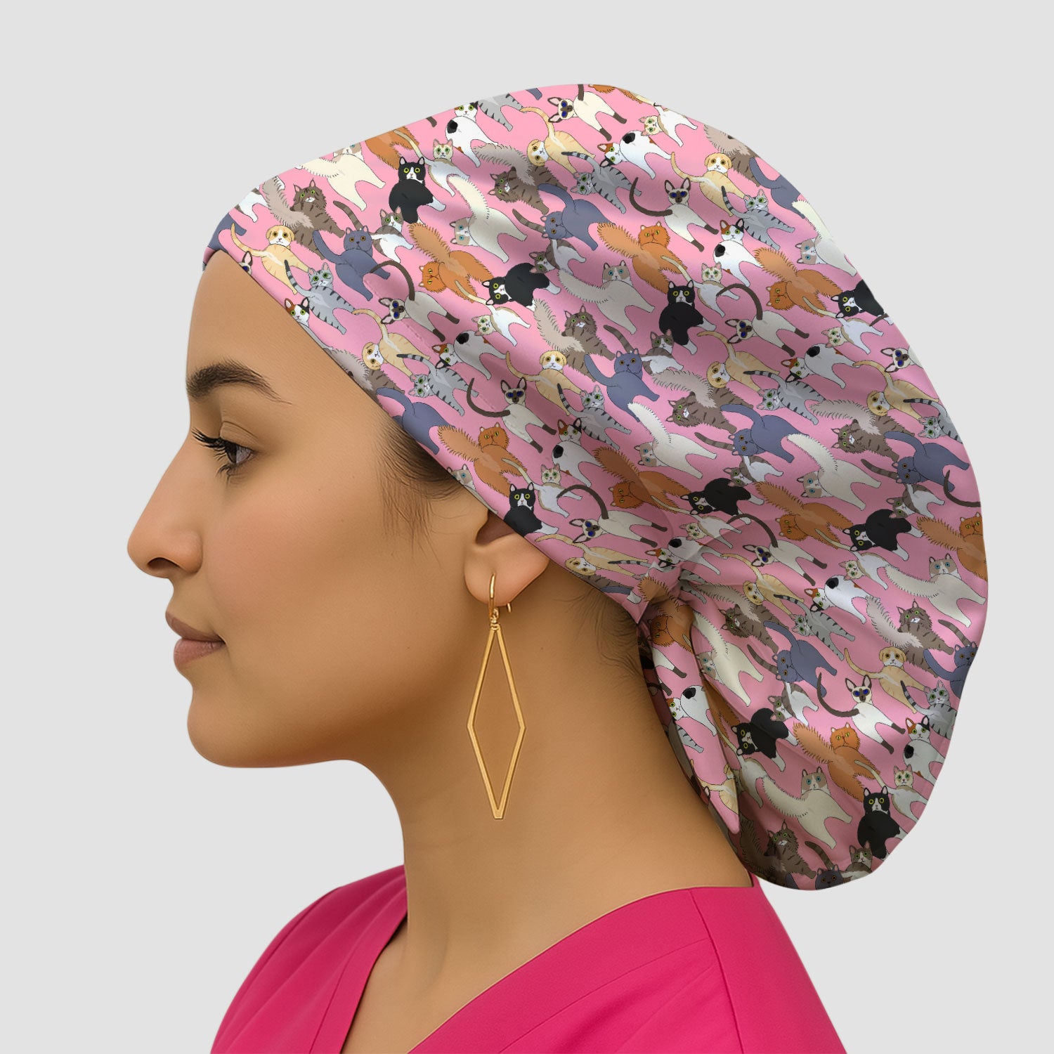 Whimsical Multicolor Cat Cartoon Pattern Cap, Bouffant Scrub Caps for Women