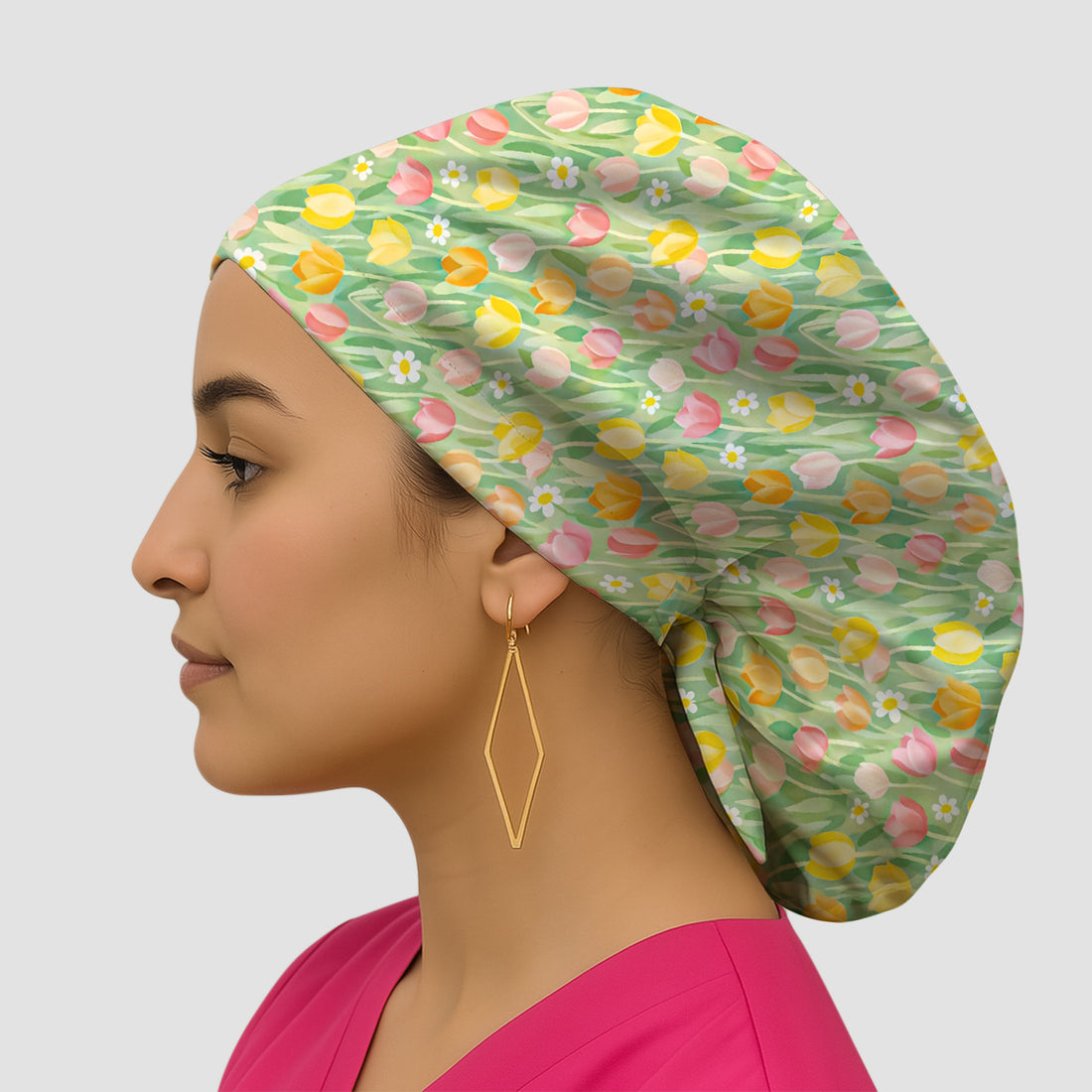 Cheerful Tulip Meadow Print Scrub Cap, Breathable Fabrics Caps Uniform