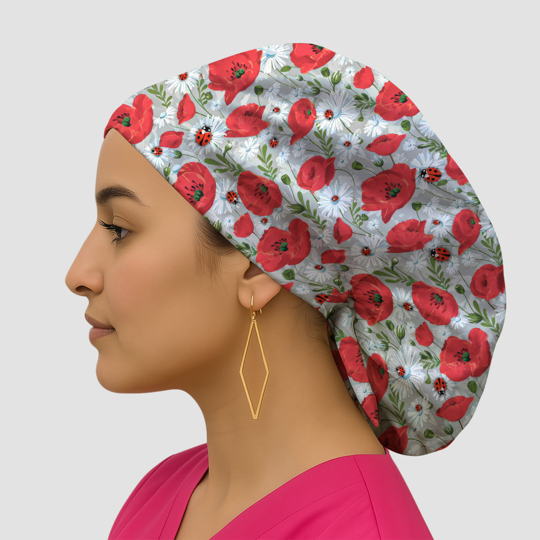 Cute Red Poppy Daisy Ladybug Floral Print Nurse Scrub Cap, Surgical Caps for Doctors