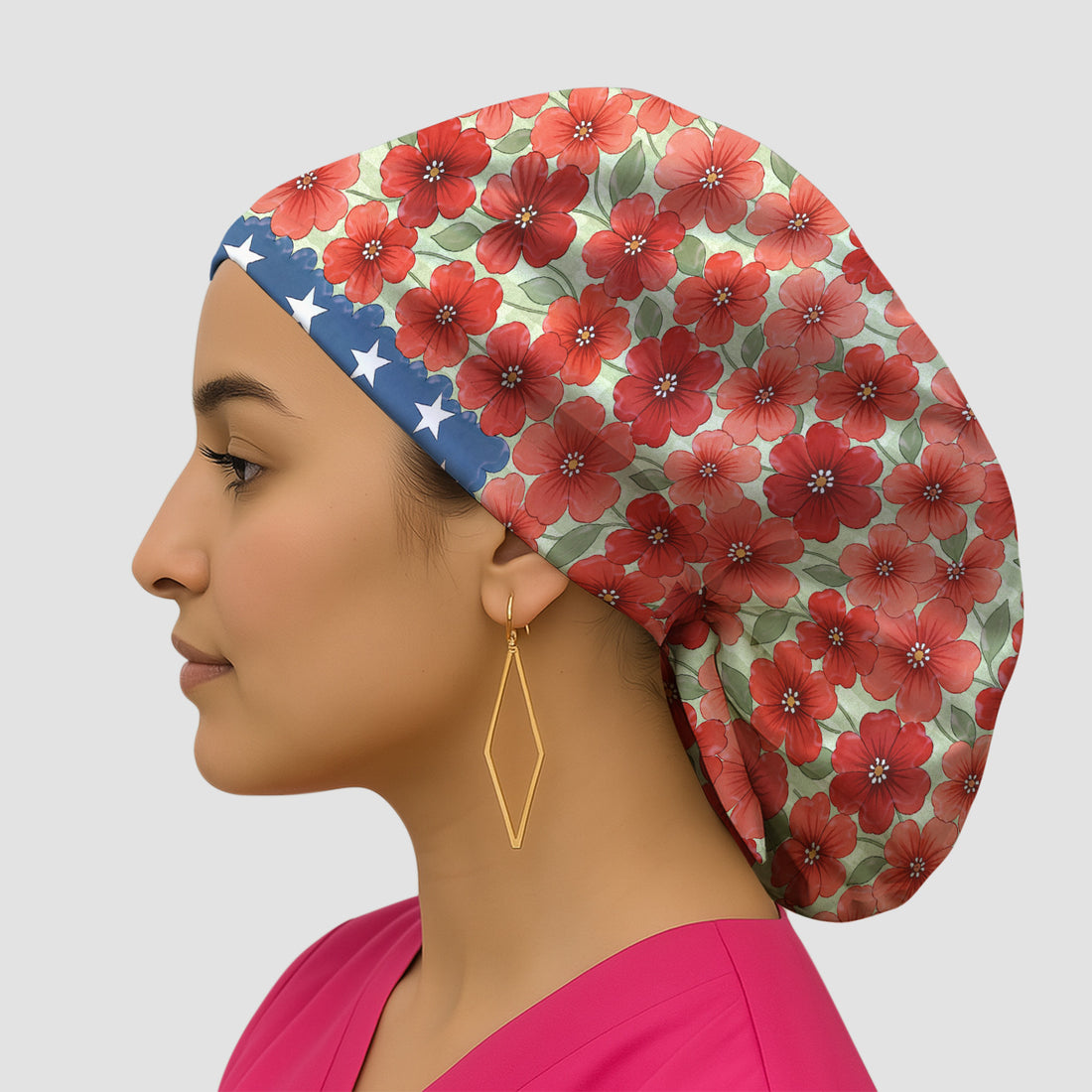 Patriotic USA Flag With Red Floral Blossom Pattern Scrub Cap, Surgical Caps for Doctors