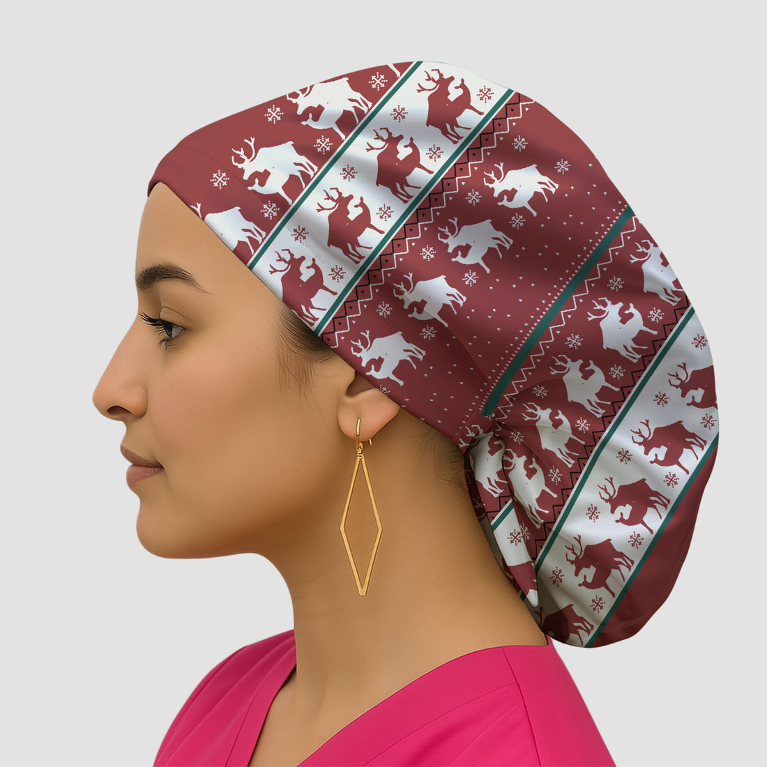 Reindeer Christmas Bouffant Scrub Cap for Women – Festive Cap for Nurses, Holiday Medical Gift