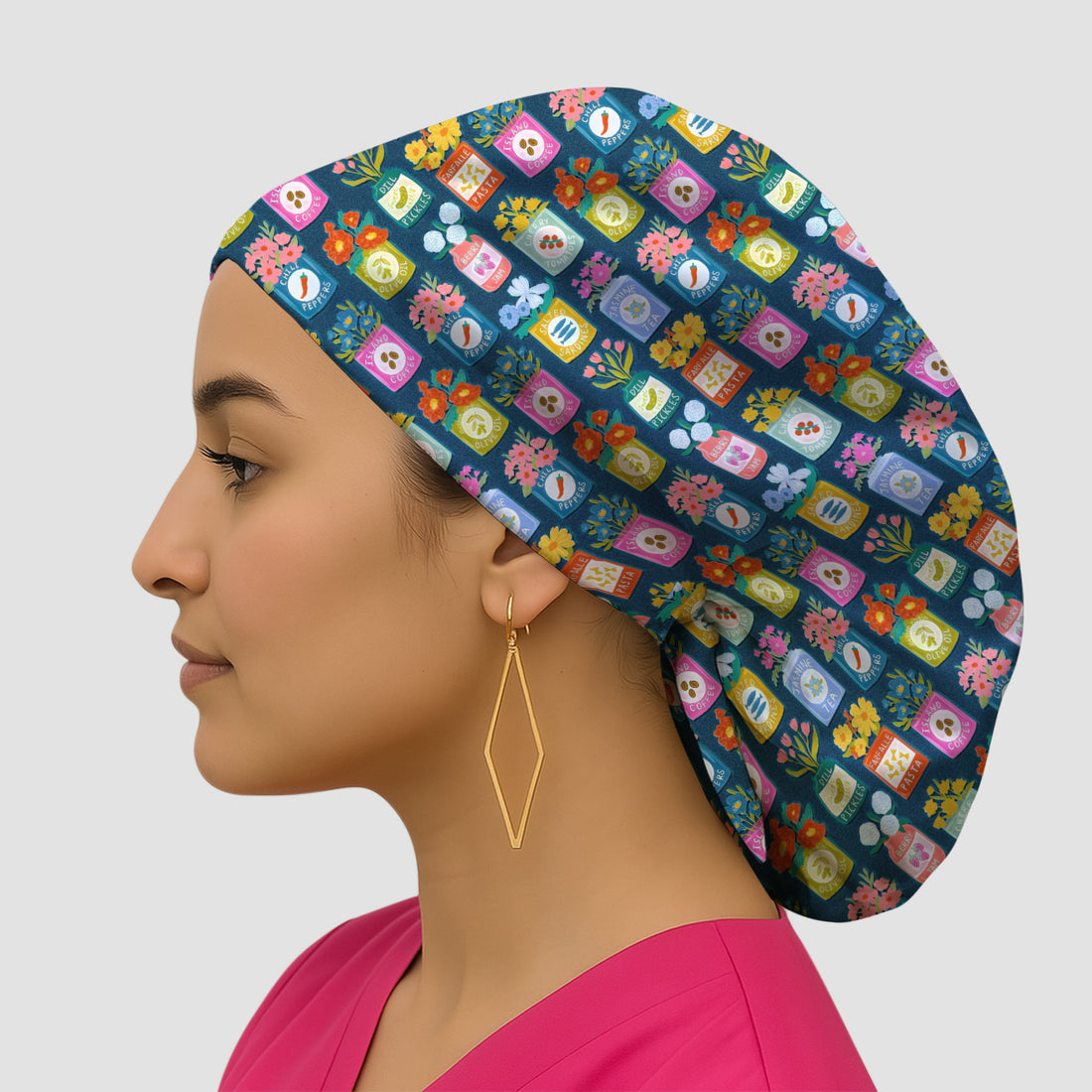 Colorful Pantry Jars Flowers Pattern Caps, Bouffant Scrub Caps for Women