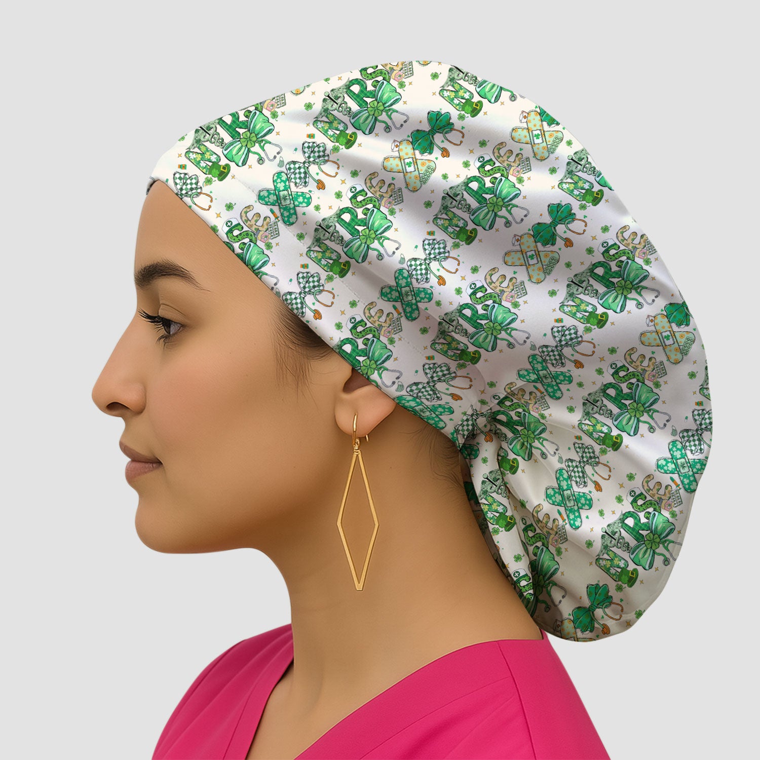 St. Patrick’s Nurse Scrub Cap, Lucky Clover And Green Bow Pattern Nurse Hat, Breathable Fabrics Nursing Uniform