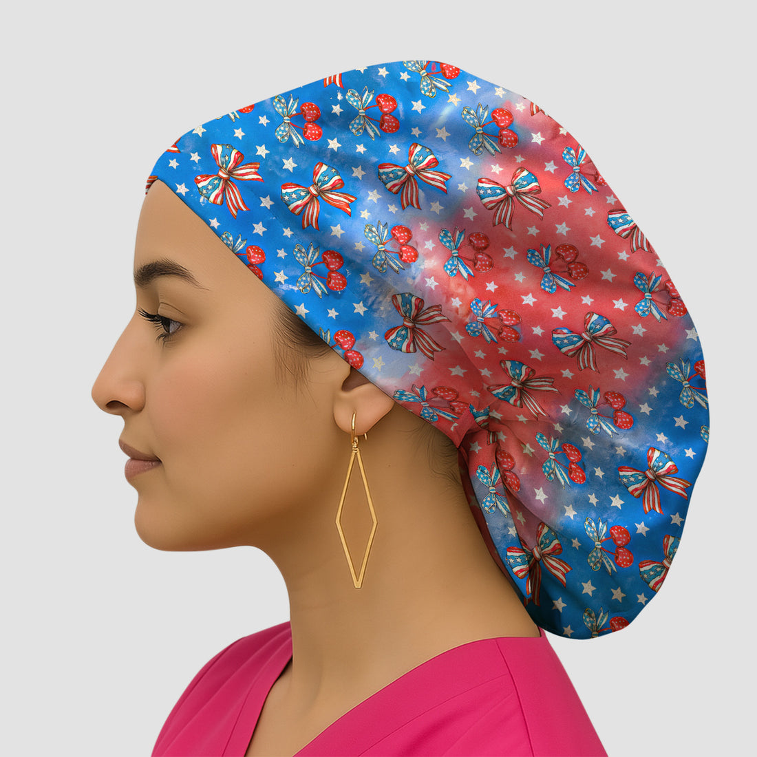Festive Patriotic Star Bow Cherry Pattern Nurse Scrub Cap, Surgical Caps for Doctors