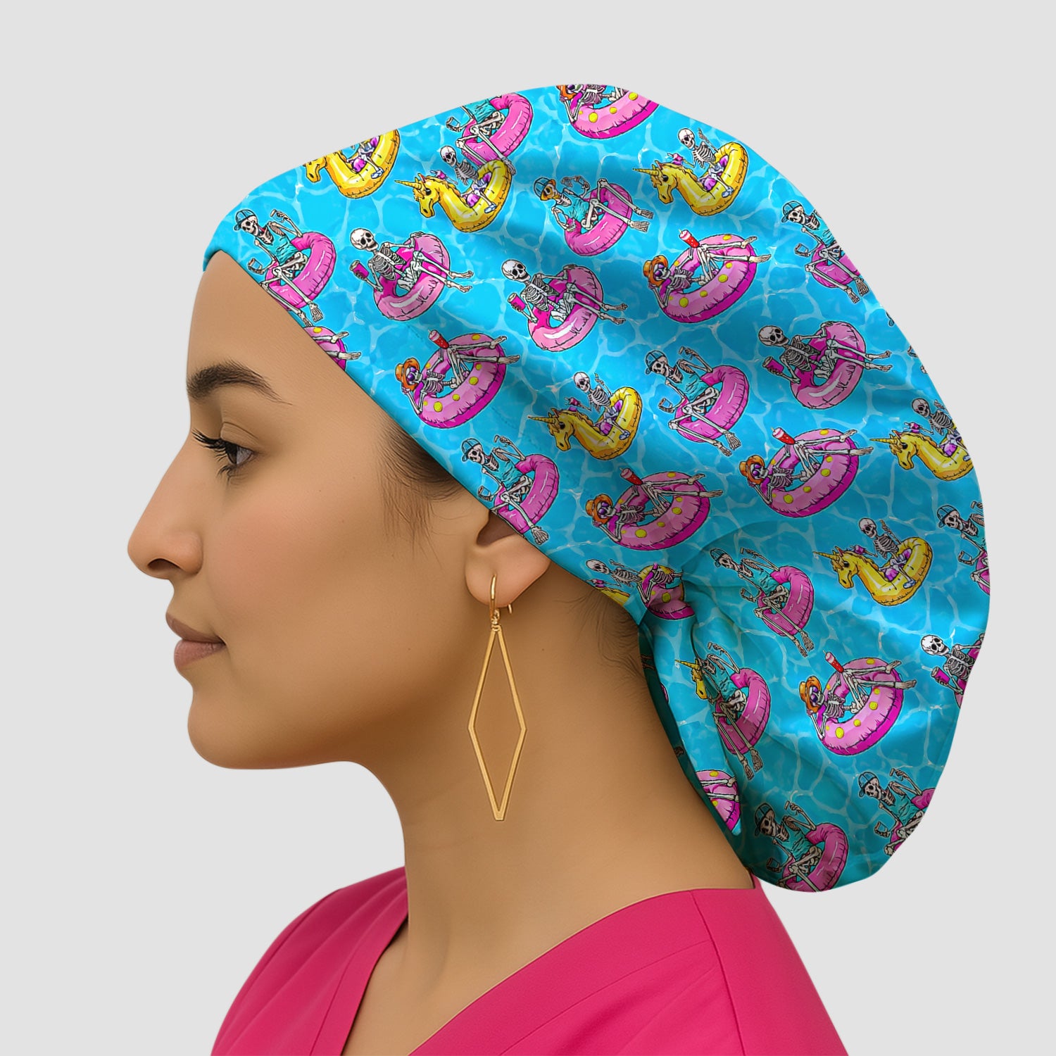 Summerween Skeleton with Pool Float Print Scrub Cap, Surgical Caps for Doctors