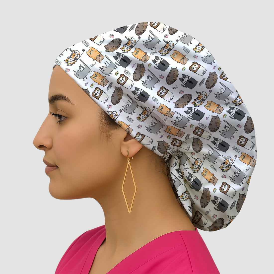 Lazy Cat Doodle Pattern Scrub Cap, All Over Cozy Kitty Surgical Hat for Women