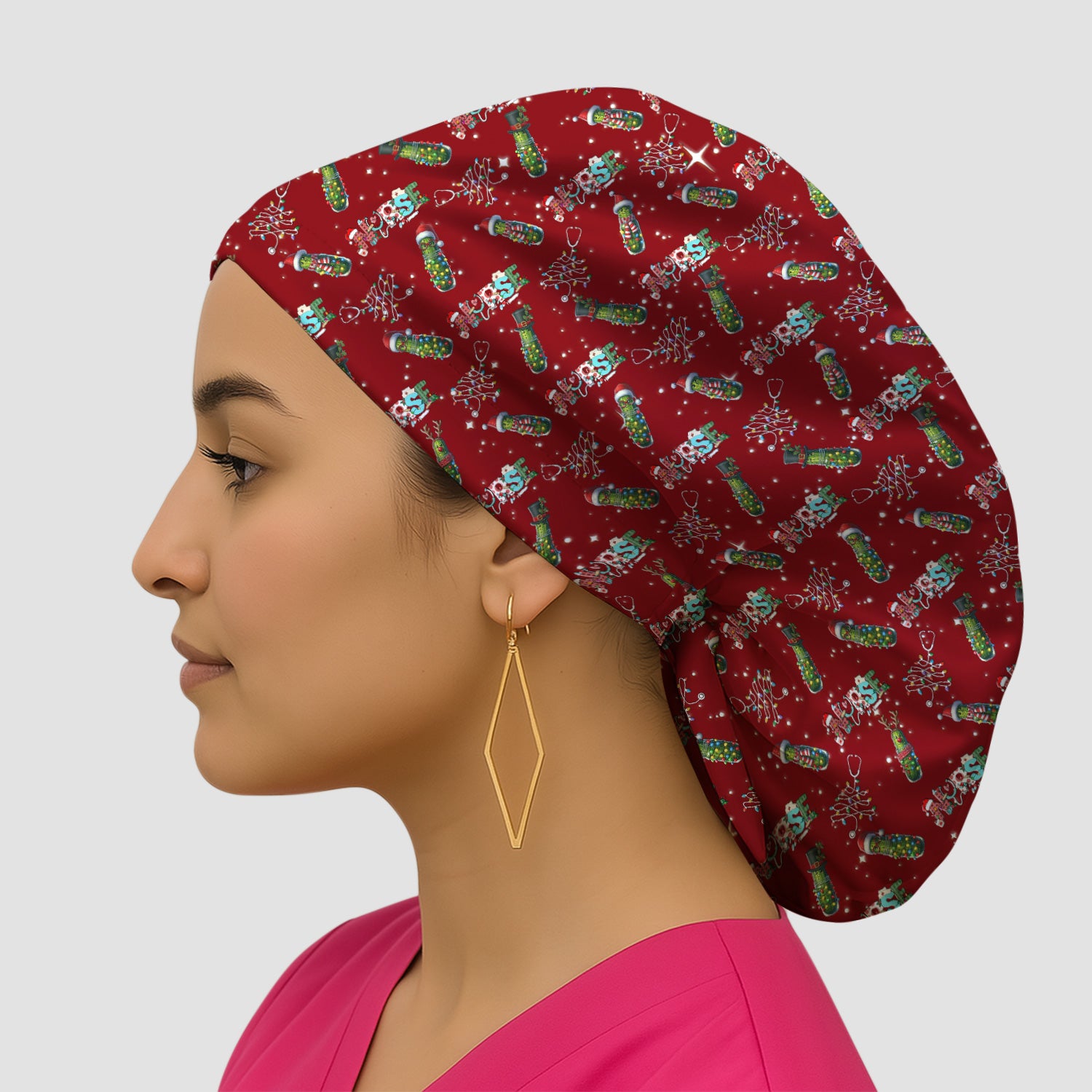 Christmas Nurse Scrub Cap with Buttons - Funny Pickle Holiday Surgical Hat for Women - Medical Bouffant Cap Long Hair