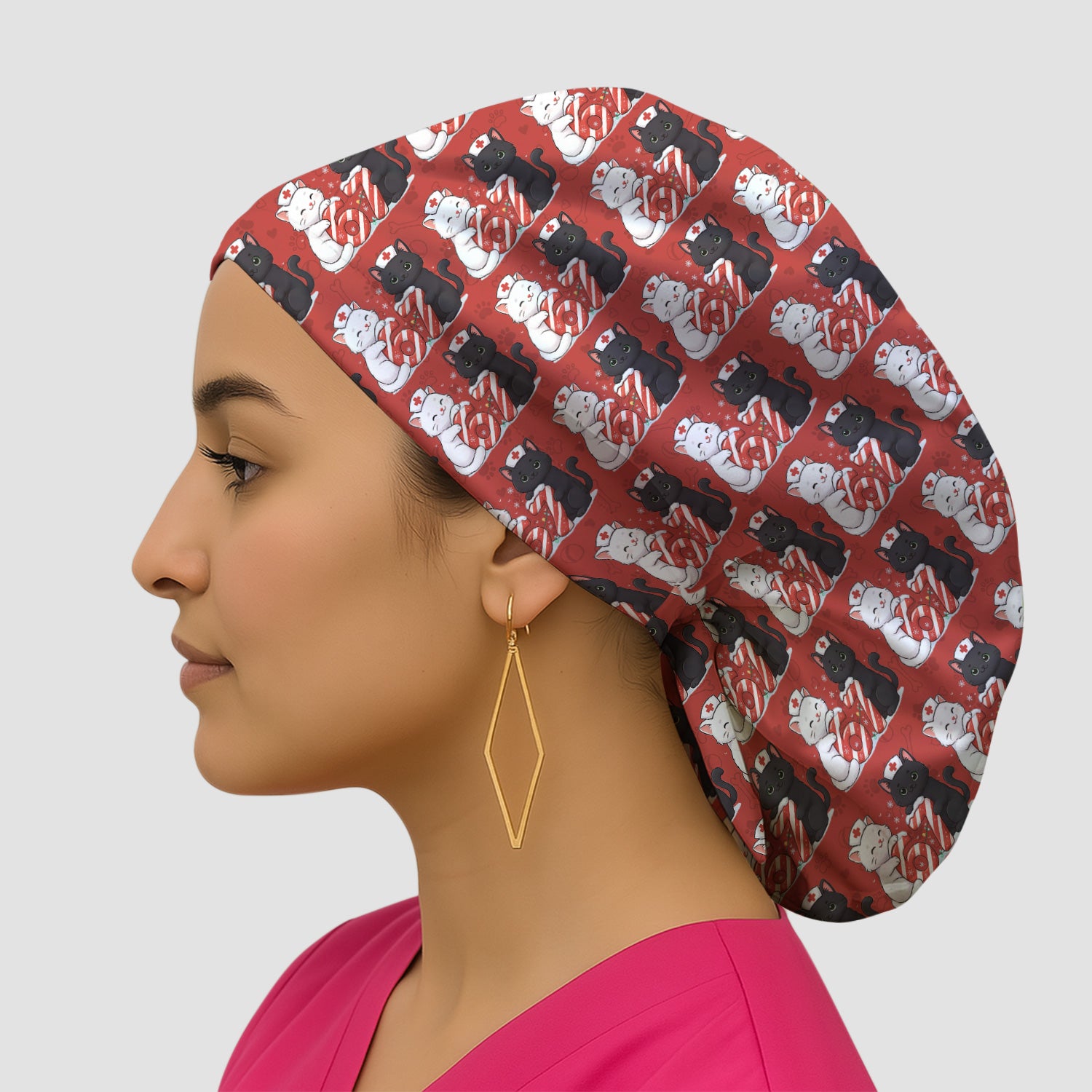 Xmas Cat Pattern Scrub Cap, Christmas Nurse Six Seven With Cat Scrub Hat, Breathable Fabrics Nursing Uniform