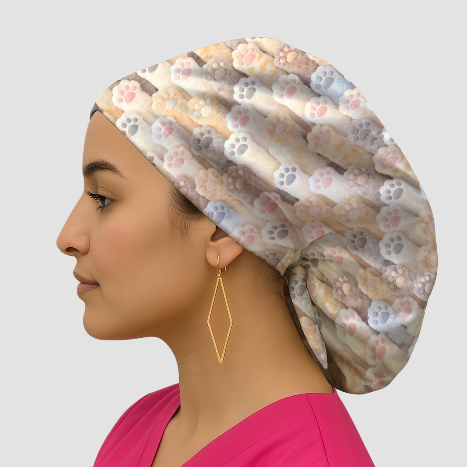Cute Fluffy Cat Paw Pattern Print Cap, Bouffant Scrub Caps for Women