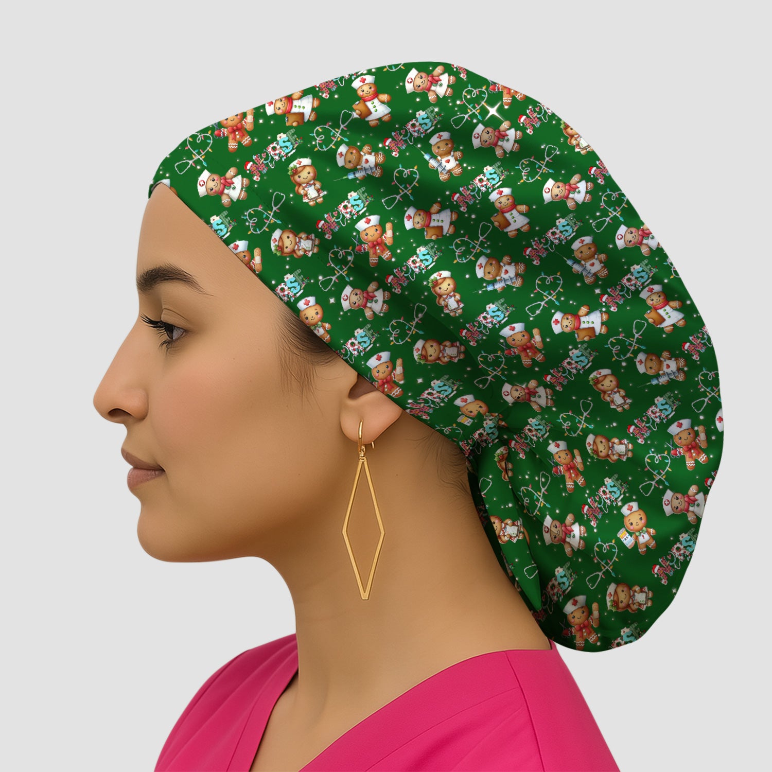 Nurse Scrub Cap with Buttons for Women - Christmas Surgical Hats Cute Gingerbread Design - Medical Bouffant Cap Long Hair