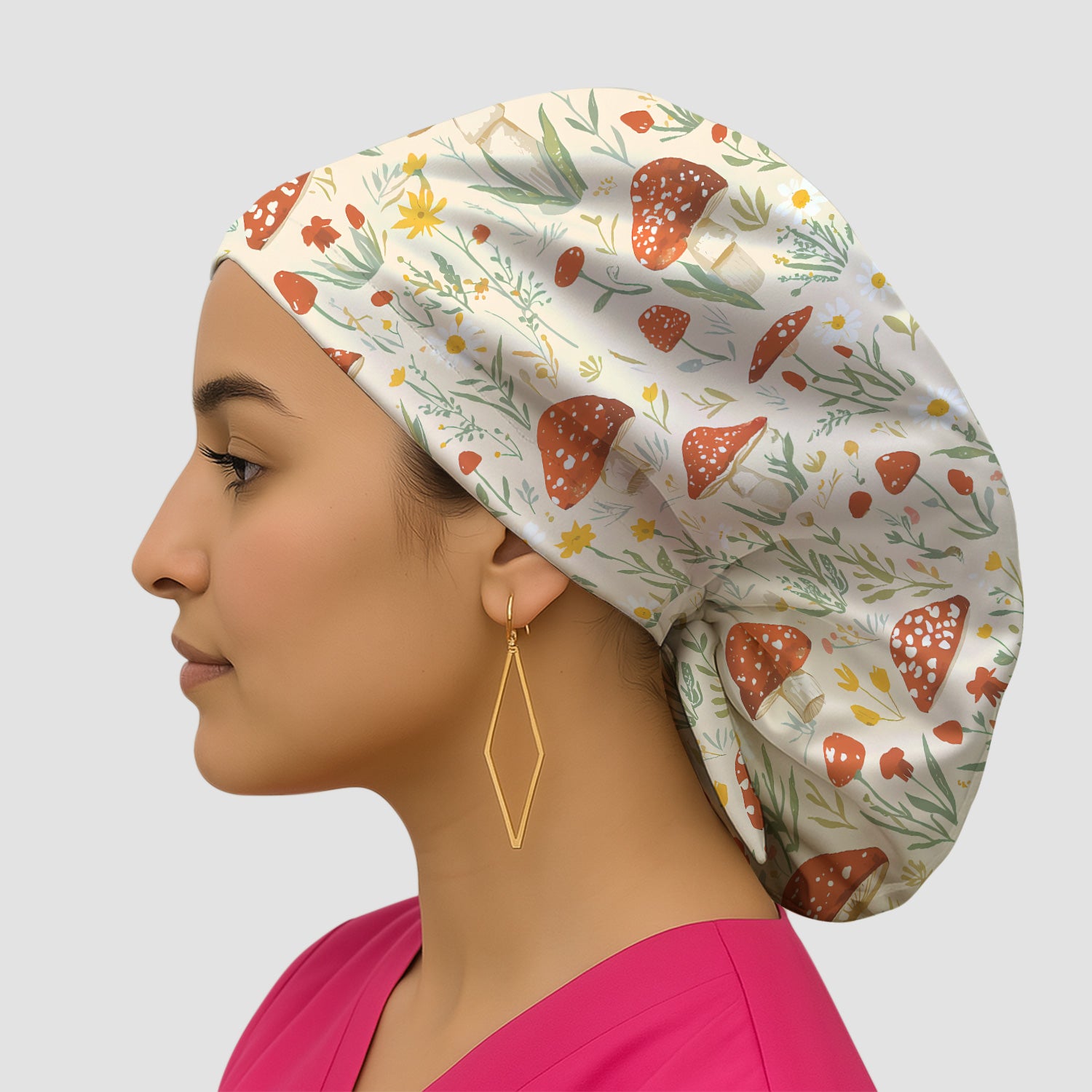 Cute Mushroom Wildflower Pattern Scrub Cap, Breathable Fabrics Caps Uniform