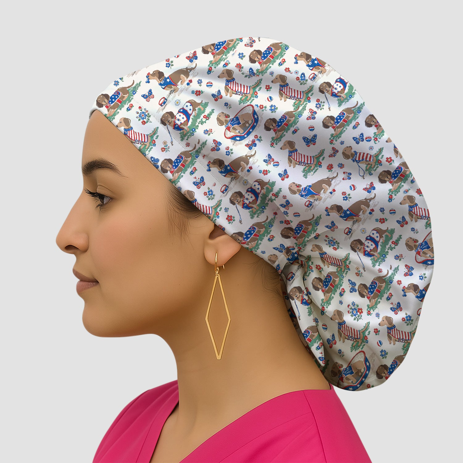 Patriotic Dachshund Garden Party Pattern Scrub Cap, Surgical Caps for Doctors