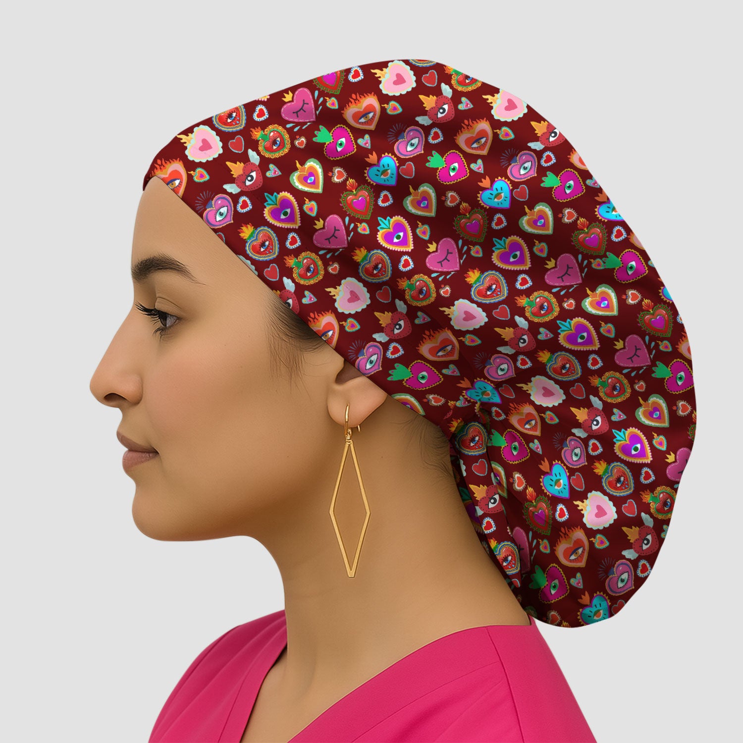 Valentine Colorful Sacred Heart Print Cap, Bouffant Scrub Caps for Women