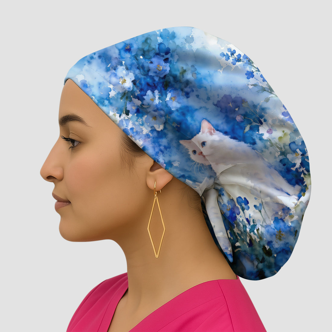 Adorable Blue Floral White Cat Pattern Scrub Cap, Surgical Caps for Doctors