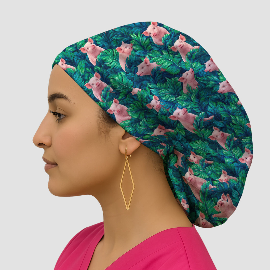 Cute Piglet Jungle Leaves Pattern Scrub Cap, Surgical Caps for Doctors