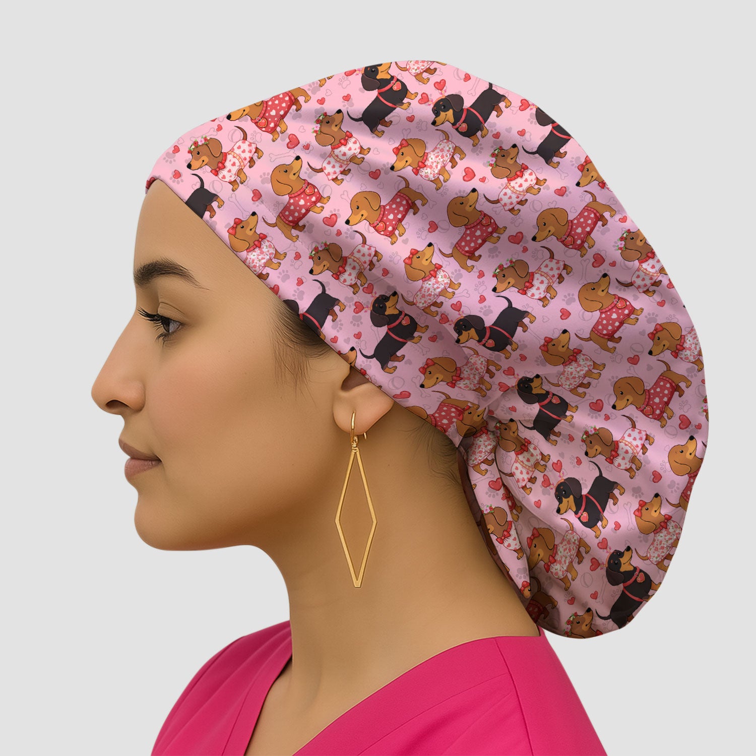 Valentine Dachshund Scrub Cap, Wiener Dog Love Pattern Nurse Hat, Breathable Fabrics Nursing Uniform