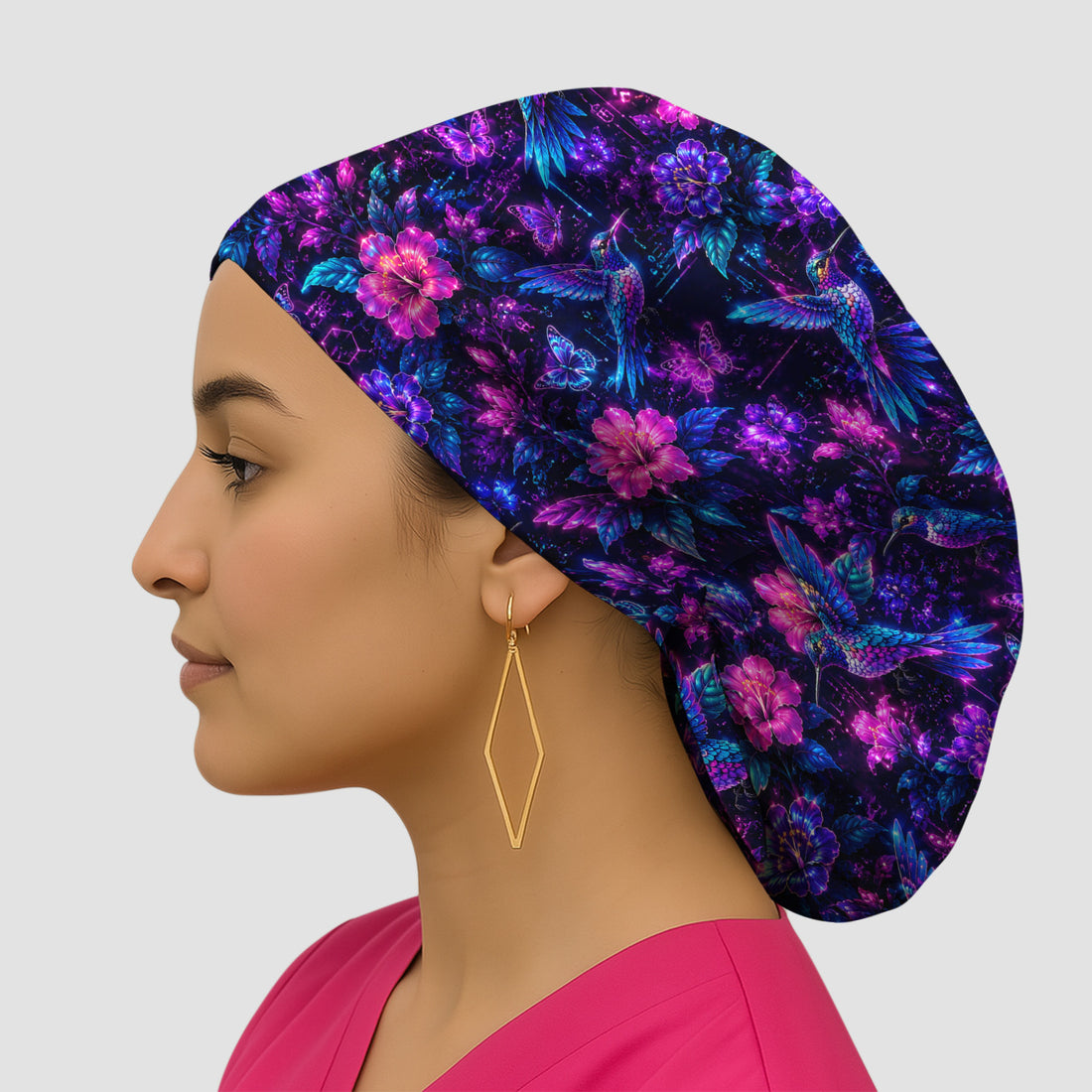 Neon Hummingbird Butterfly Bloom Pattern Scrub Cap, Surgical Caps for Doctors