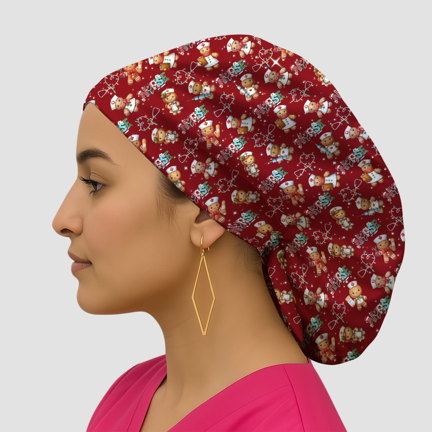 Nurse Scrub Cap with Buttons for Women - Christmas Surgical Hats Cute Gingerbread Design - Medical Bouffant Cap Long Hair