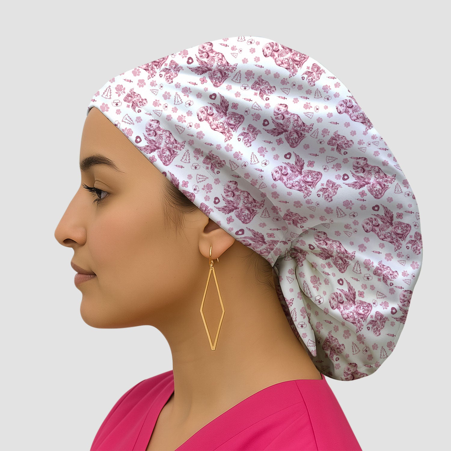 Dachshund Angel Bouffant Scrub Caps for Women - Toile de Jouy Surgical Caps for Doctors - Puppy Lover Gift for Her