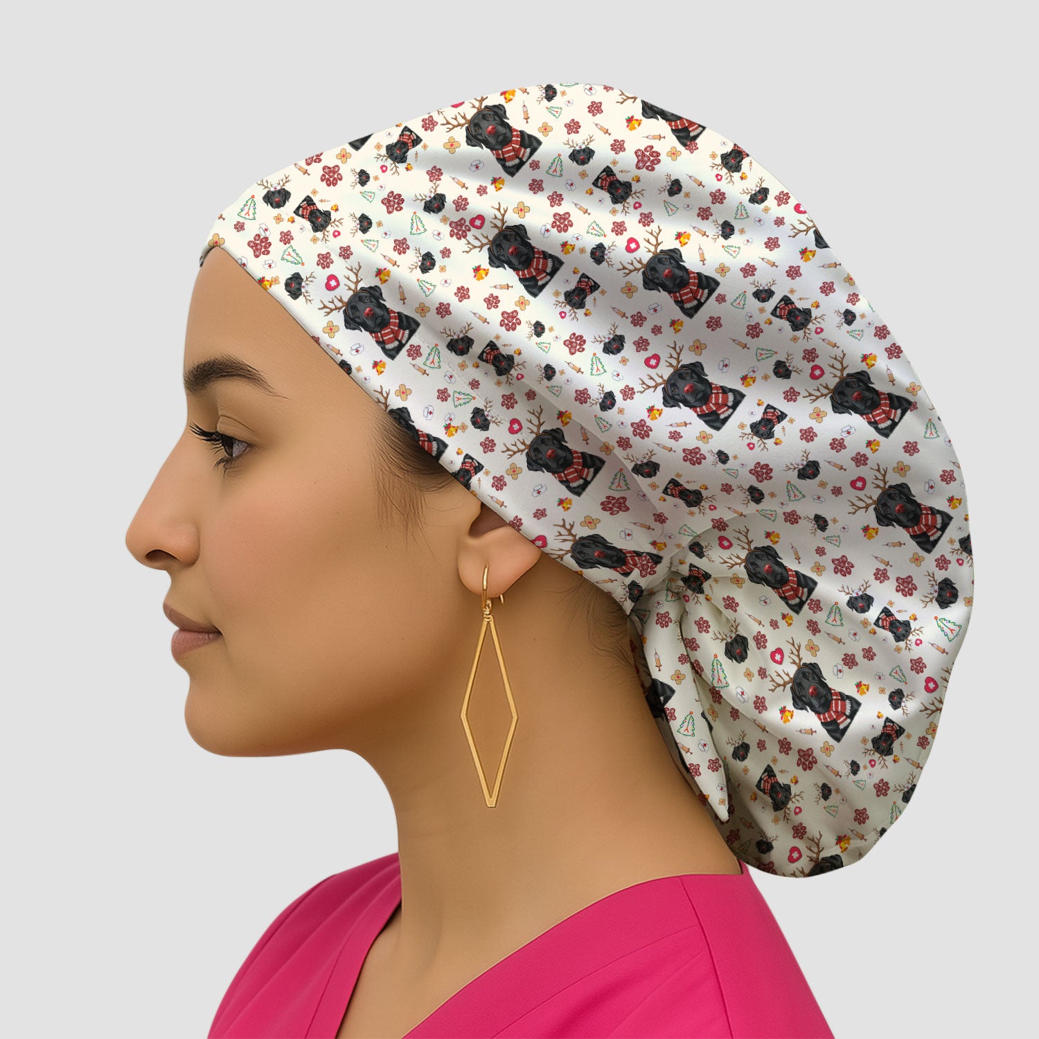 Funny Black Lab Reindeer Bouffant Scrub Caps for Women - Christmas Dog Lover Caps for Her