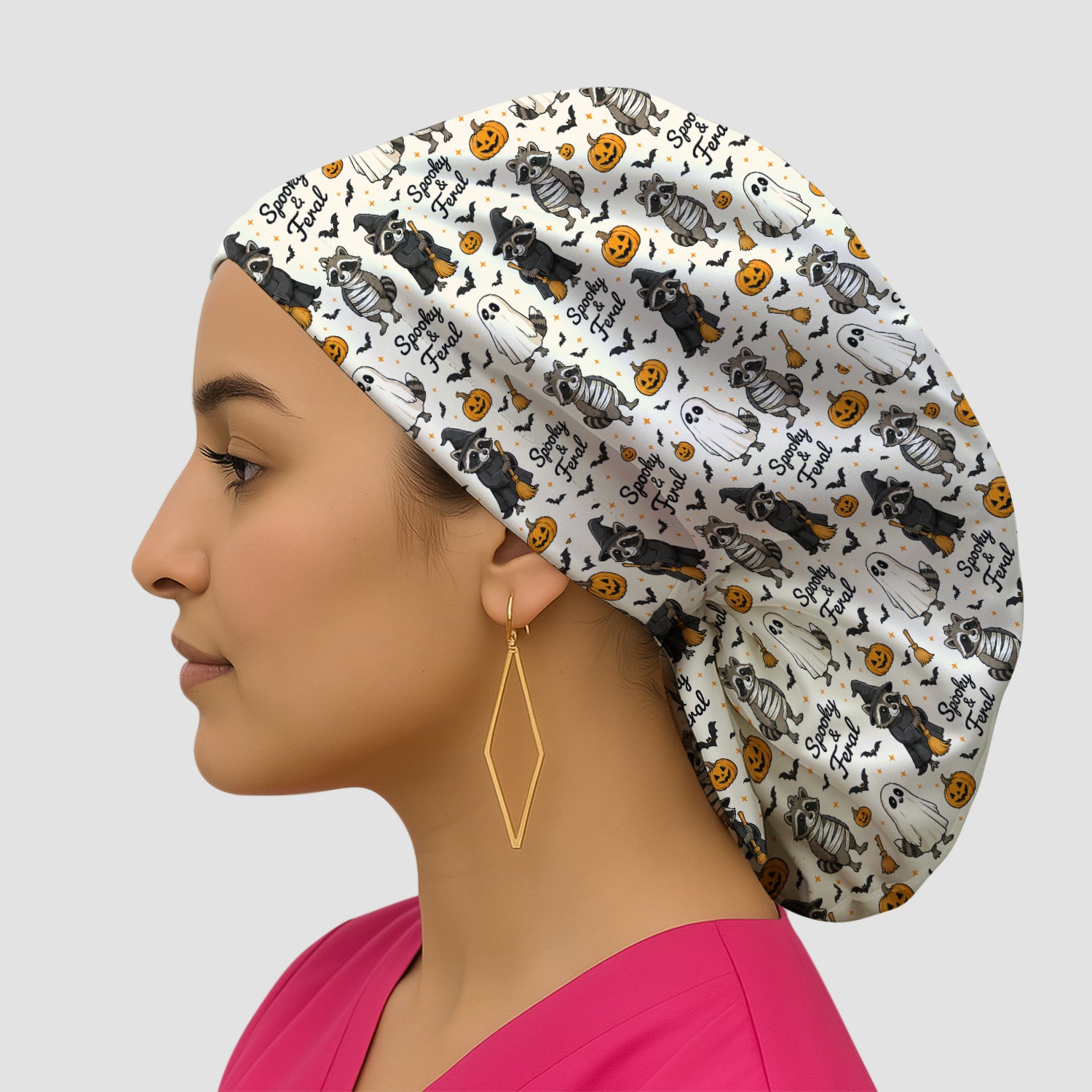 Spooky And Feral Halloween Raccoon Scrub Cap, Surgical Caps for Doctors