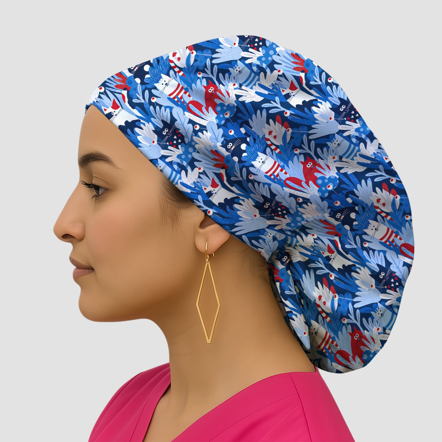 Cute Cats Among Blue Foliage Pattern Scrub Cap, Surgical Caps for Doctors