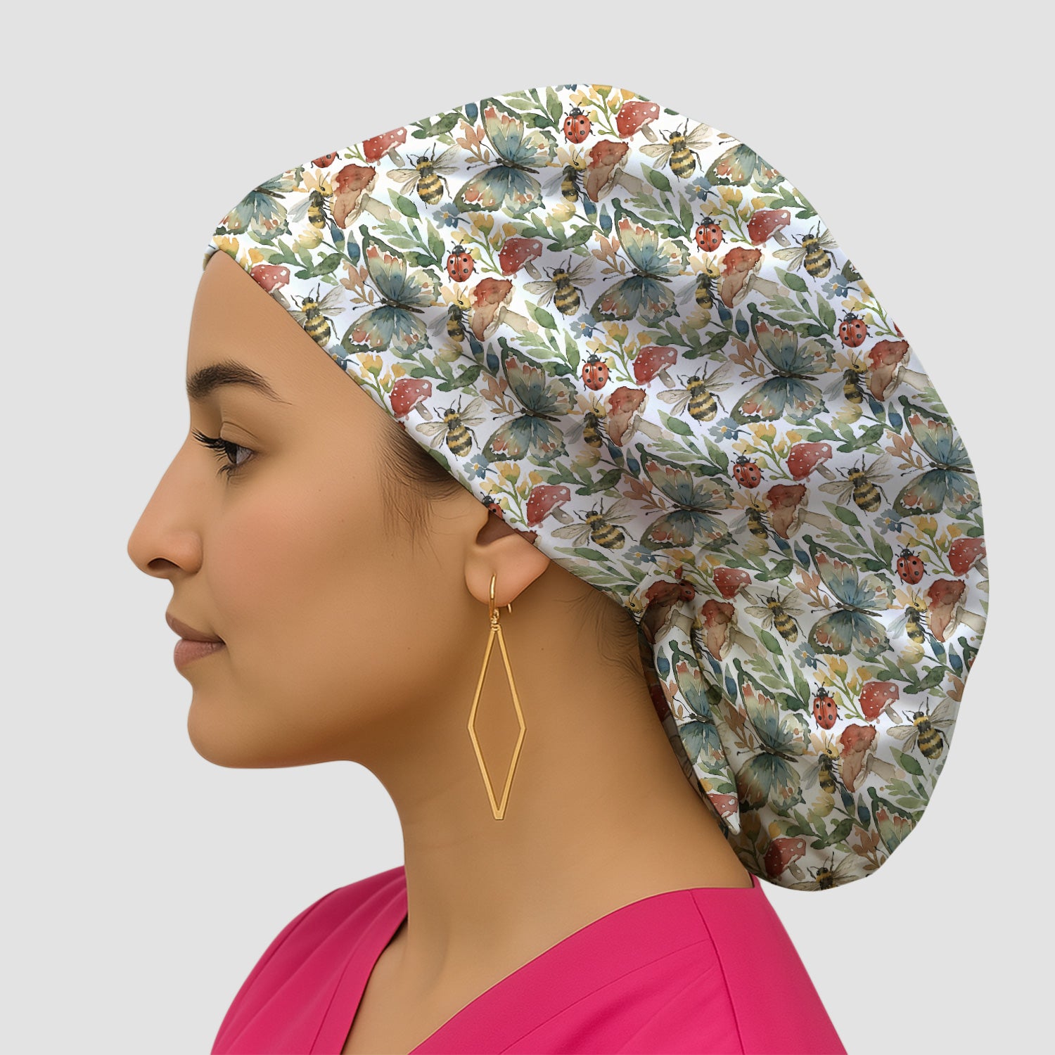 Butterfly Bee With Floral Mushroom Scrub Cap, Surgical Caps for Doctors