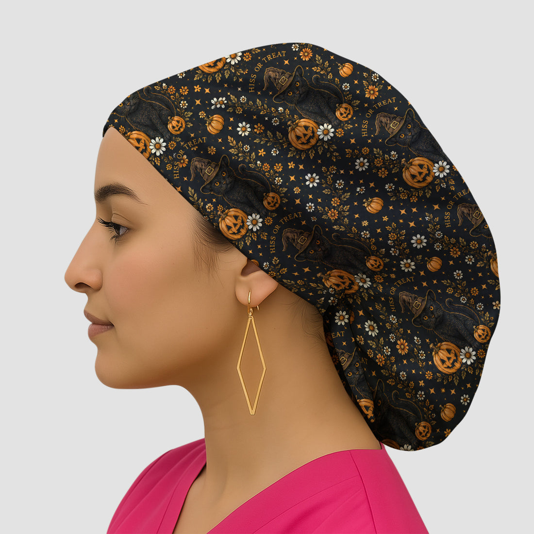 Halloween Black Cat Pumpkin Floral Scrub Cap, Surgical Caps for Doctors