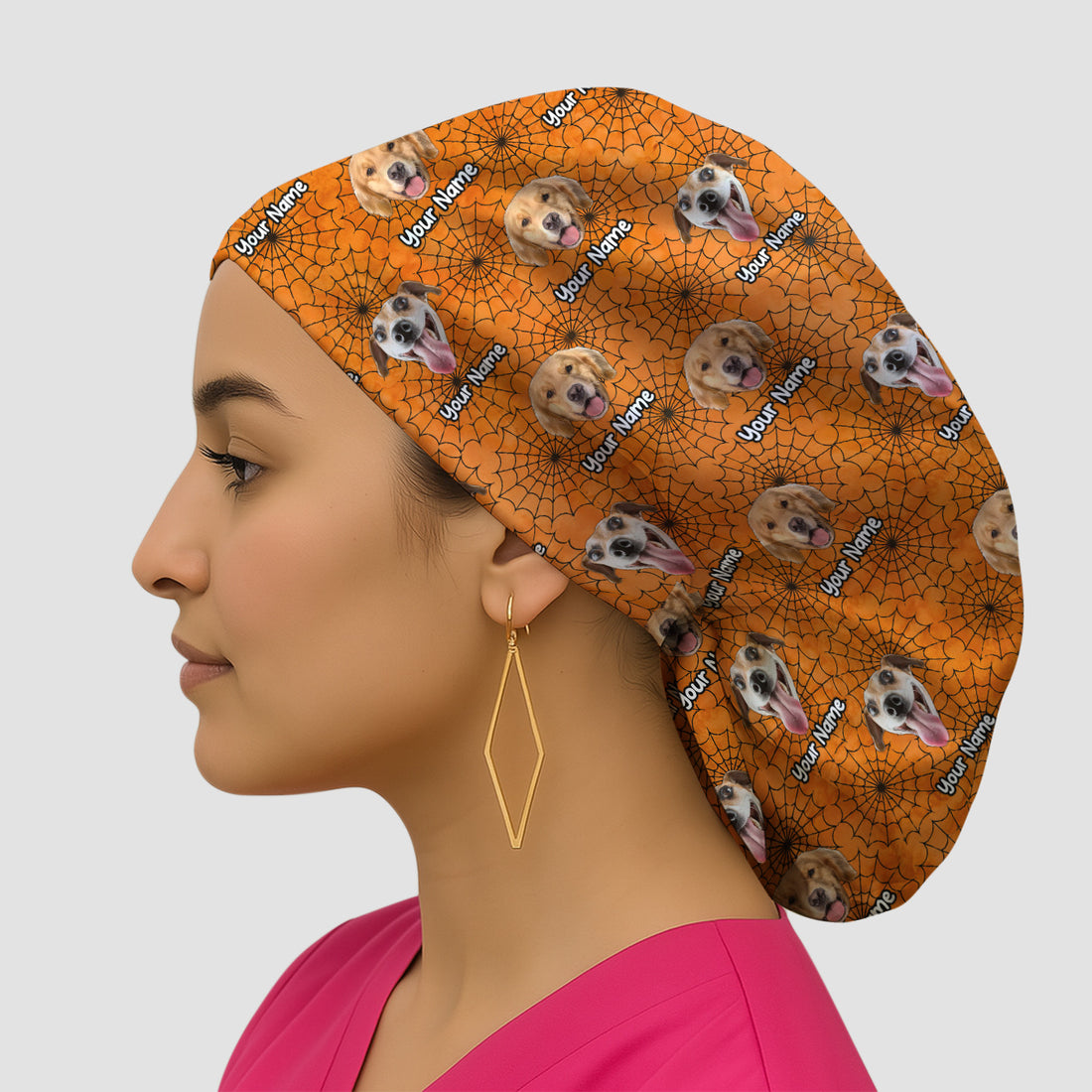 Personalized Halloween Dog Photo Spiderweb Scrub Cap, Surgical Caps for Doctors