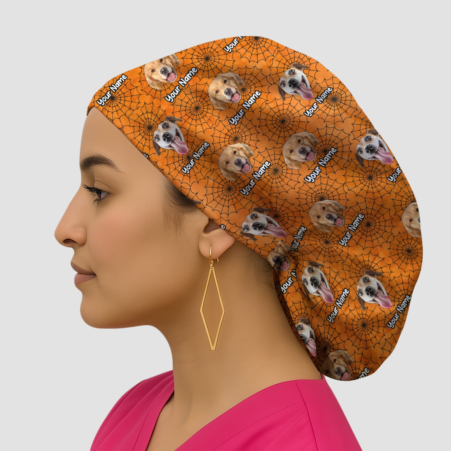 Personalized Halloween Dog Photo Spiderweb Scrub Cap, Surgical Caps for Doctors