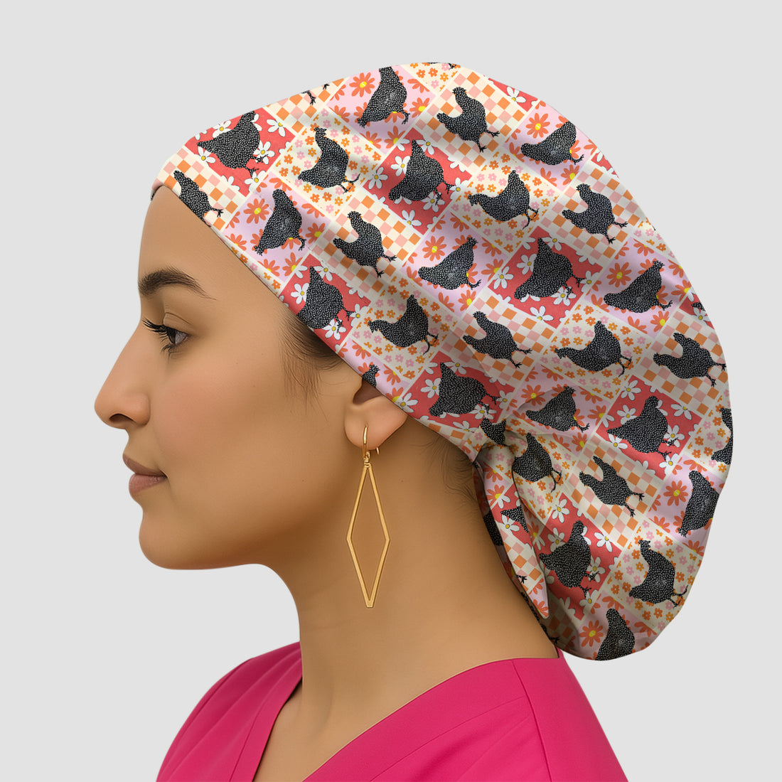 Charming Chicken Patchwork Floral Pattern Scrub Cap, Breathable Fabrics Caps Uniform