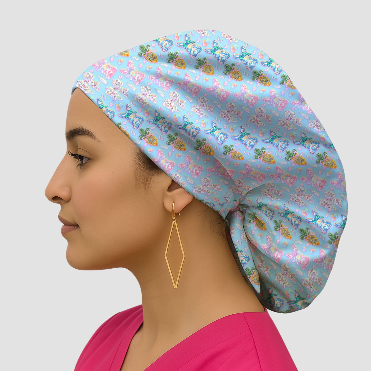 Easter Bunny Carrot Bow Floral Print Cap, Bouffant Scrub Caps for Women