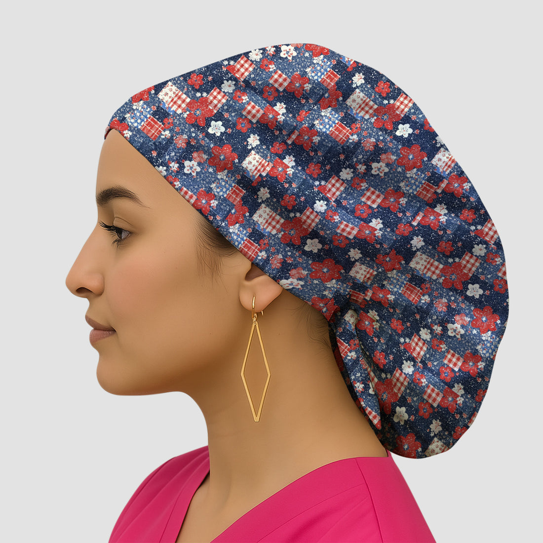 Patriotic Gingham Floral Patchwork Pattern Scrub Cap, Surgical Caps for Doctors