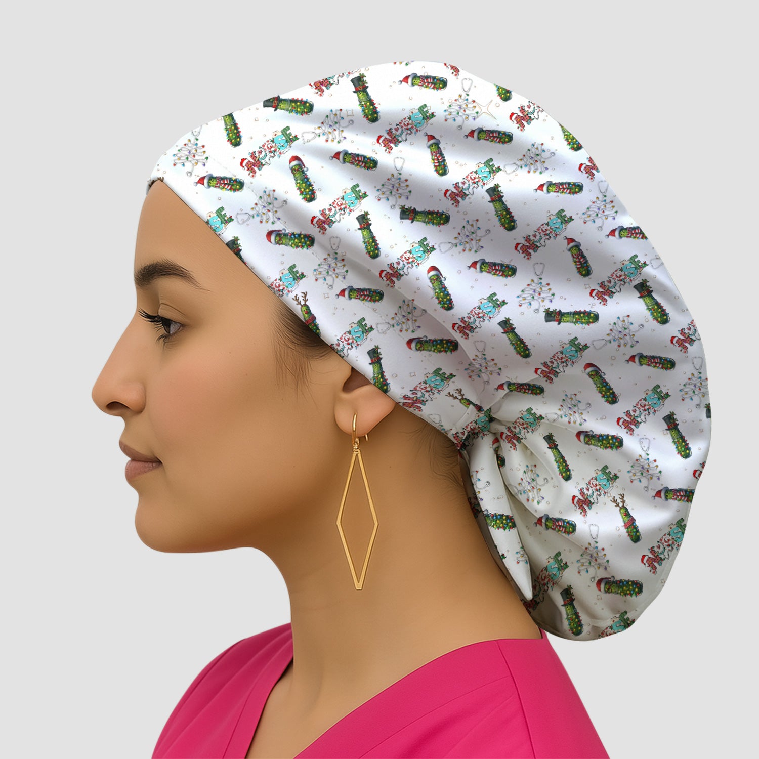 Christmas Nurse Scrub Cap with Buttons - Funny Pickle Holiday Surgical Hat for Women - Medical Bouffant Cap Long Hair