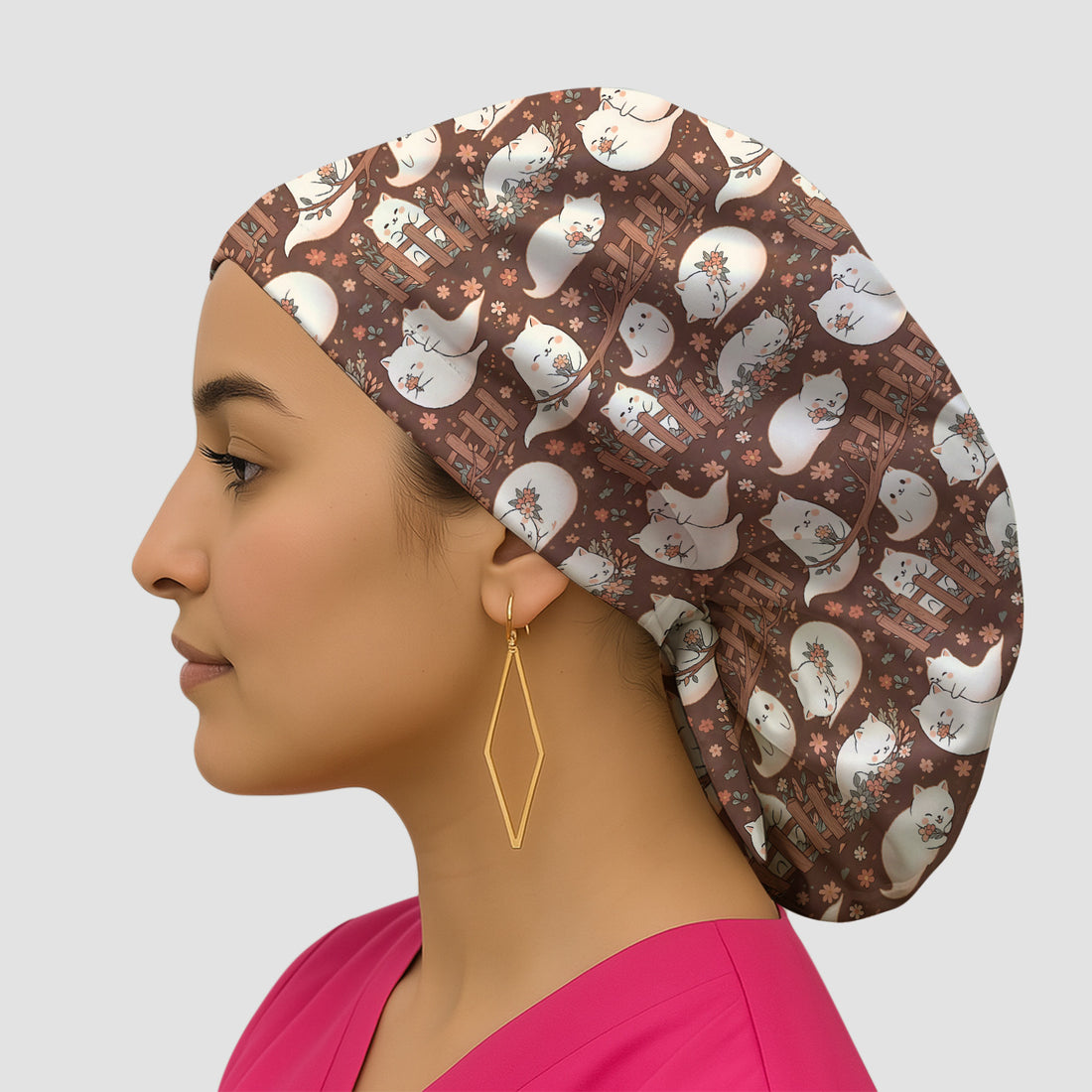 Floral Cat with Garden Fence Print Scrub Cap, Surgical Caps for Doctors
