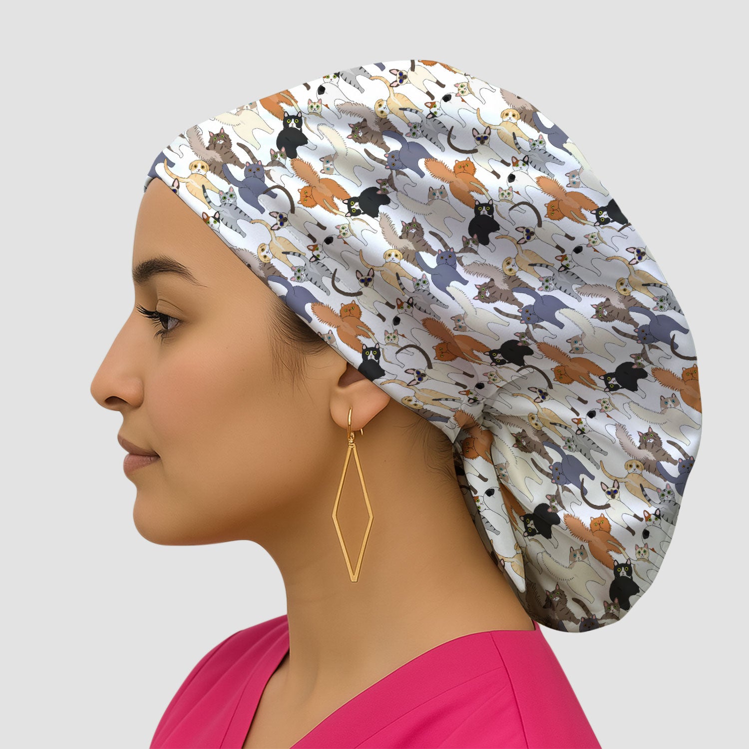 Whimsical Multicolor Cat Cartoon Pattern Cap, Bouffant Scrub Caps for Women