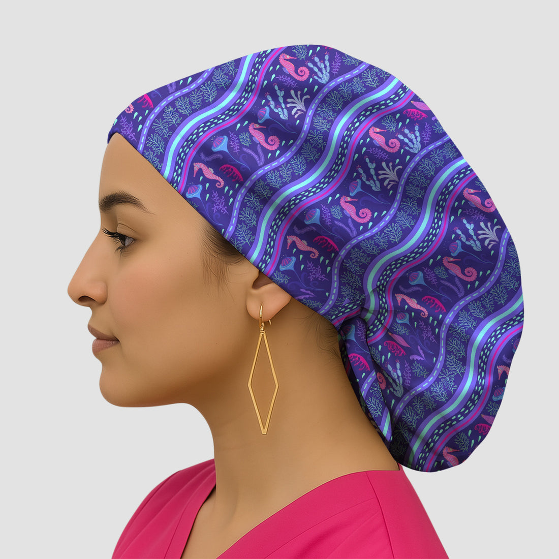 Purple Seahorse Ocean Pattern Scrub Cap, Surgical Caps for Doctors