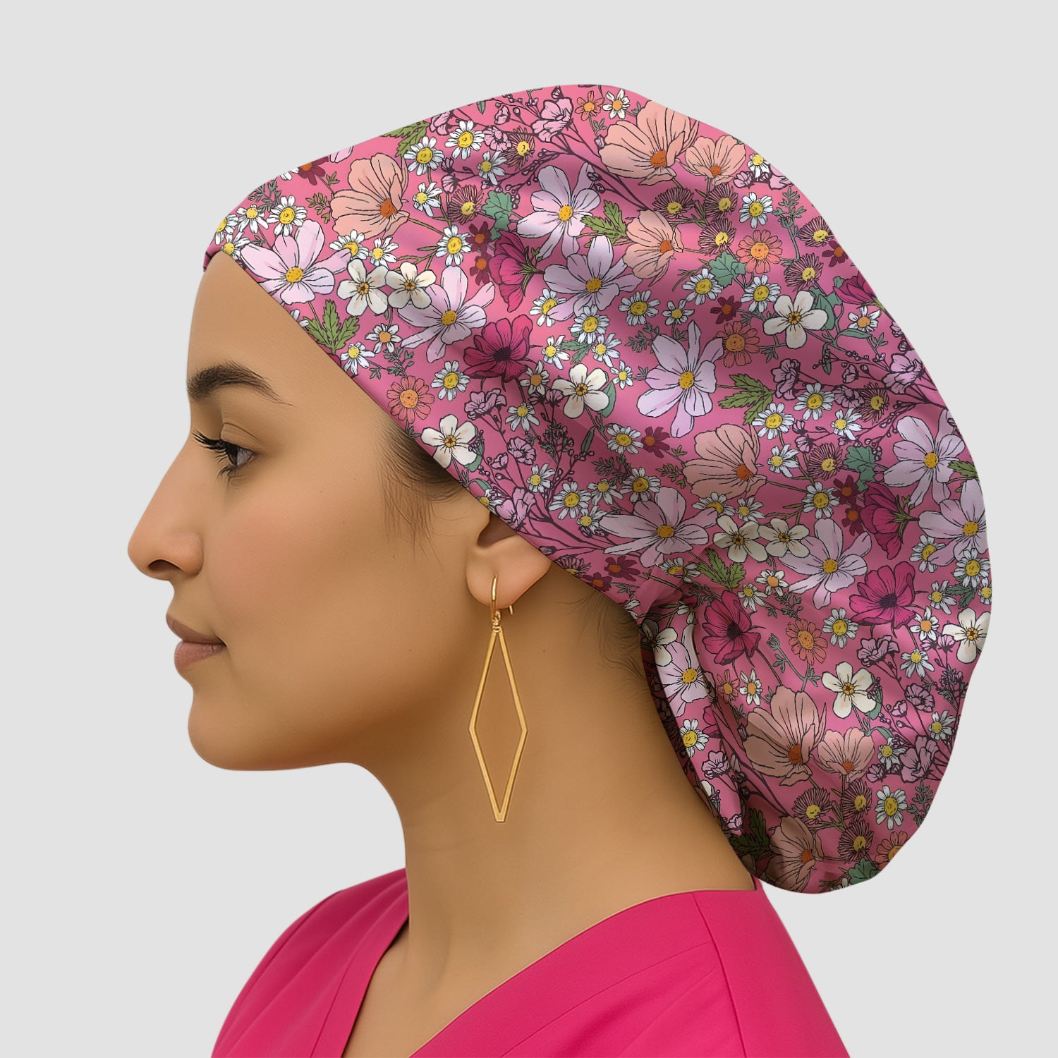Pink Daisy Wildflower Nurse Pattern Scrub Cap, Surgical Caps for Doctors