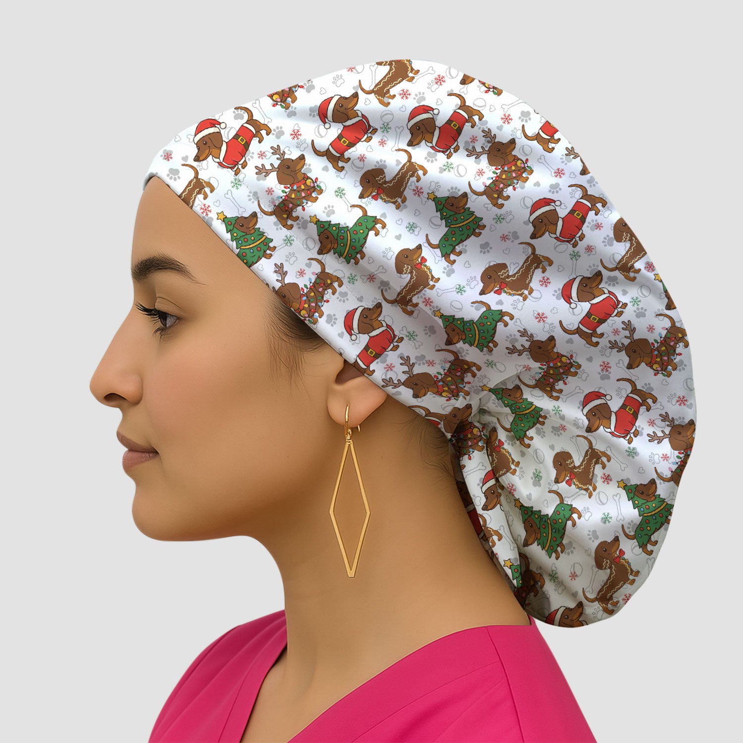 Christmas Dachshund Scrub Cap - Sausage Dog Wiener Holiday Surgical Hat Multi Color - Xmas Gift for RN CNA LPN